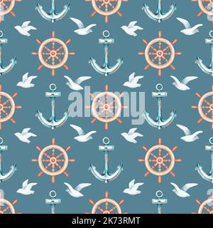 Marine seamless pattern. Anchor, rudder and seagulls. Watercolor ...