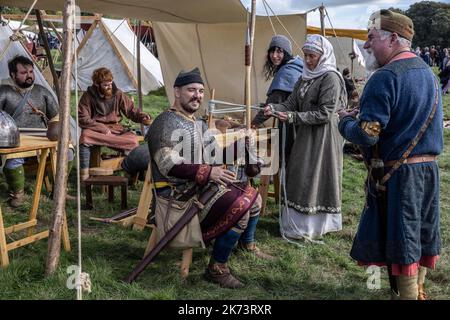 Battle Abbey, Benedictine abbey in Battle, East Sussex, England Saxon camp at The one and only Battle of Hastings re-enactment returns for 2022. Takin Stock Photo