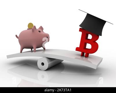 3d illustration graduate cap on bitcoin sign balancing piggy bank Stock Photo