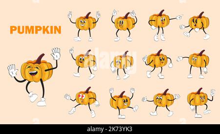 Pumpkin mascot in retro style. Planet with gloved hands. Sticker pack of funny cartoon characters in 90s style. Thanksgiving, Halloween stickers in y2 Stock Vector
