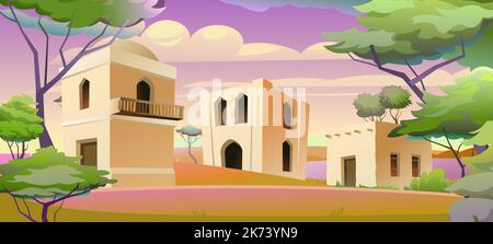 Arab clay hut. Morning or evening dawn. Middle Eastern adobe dwelling. Africa and Asia traditional house. Vector Stock Vector