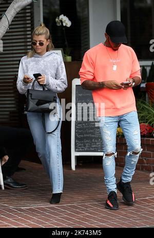 Sofia Richie and Lewis Hamilton have lunch together at Mauro's Cafe in West Hollywood. Stock Photo