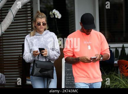 Sofia Richie and Lewis Hamilton have lunch together at Mauro's Cafe in West Hollywood. Stock Photo