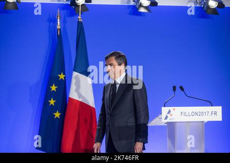 Les Republicains (LR) political party candidate for the 2017 presidential election Francois Fillon speaks during a press conference at his headquarters in Paris, France on March 01, 2017. Stock Photo