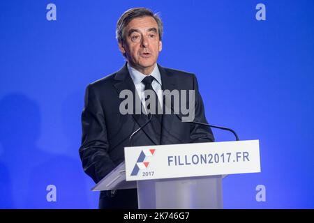 Les Republicains (LR) political party candidate for the 2017 presidential election Francois Fillon speaks during a press conference at his headquarters in Paris, France on March 01, 2017. Stock Photo