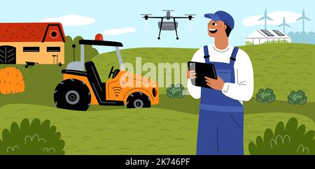 Farming with drone. Field work remote monitoring. Agriculture innovation technologies. Management watering. Harvest growing digital smart control Stock Vector
