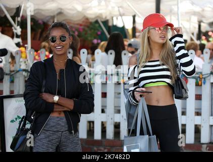 Romee Stridj and Ja Tookes have lunch at The Ivy in Beverly Hills.  Stock Photo