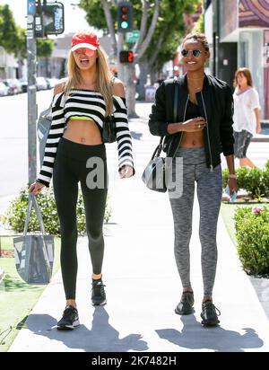 Romee Stridj and Ja Tookes have lunch at The Ivy in Beverly Hills.  Stock Photo