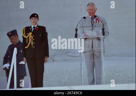 Britain's Charles, Prince of Wales, delivers a speech during a commemoration ceremony at the Canadian National Vimy Memorial in Vimy, near Arras, northern France, on April 9, 2017, marking the 100th anniversary of the Battle of Vimy Ridge, a World War I battle which was a costly victory for Canada, but one that helped shape the former British colony's national identity.   Stock Photo