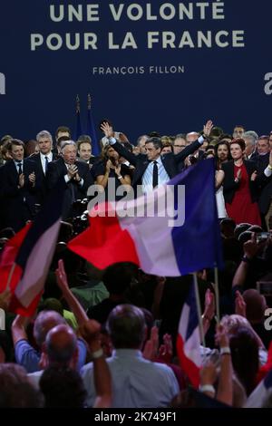 Former french prime minister Francois Fillon candidate for the 2017 french presidential elections gives a meeting porte de versailles in Paris Stock Photo