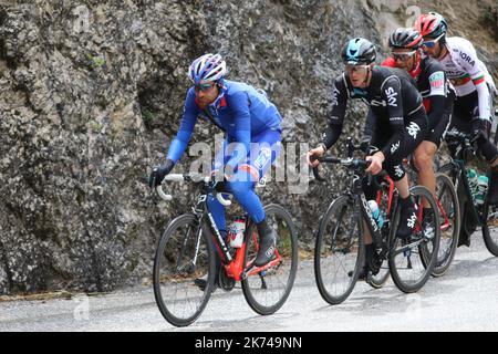 Jeremy Roy (FDJ) ahead of Ian Boswell (Team Sky) in action near Kramsach during the first stage of 142 km of the cycling race Tour of the Alps (Former Giro del Trentino) between Kufstein and Innsbruck in Kufstein, on April 17, 2017. Stock Photo