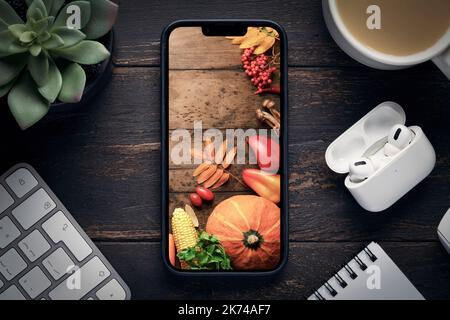 the new iPhone 14 pro max with an autumn crop screensaver on the screen. Krasnoyarsk, Russia, 2022 10 01. Stock Photo