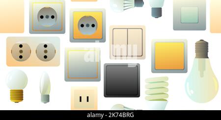 Sockets, switches and light bulbs. Electrical appliances for home network. Spare parts for work of an electrician. Isolated on white background. Vecto Stock Vector