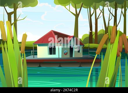 Floating house On river with reeds.. Dwelling with small courtyard on water. illustration vector Stock Vector