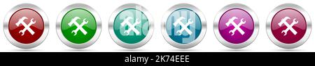 Tools, service silver metallic vector icon set, round glossy buttons with chrome border for web design Stock Vector