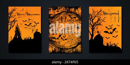 Halloween party, set cards spooky dark orange background, silhouettes of characters and scary bats with gothic haunted castle, horror theme concept Stock Vector