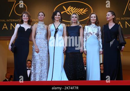 ; (From L) French actress and director Emmanuelle Bercot, French actress Isabelle Huppert, French actress Juliette Binoche, French actress Elodie Bouchez, Belgian actress Emilie Dequenne and French-Argentinian actress Berenice Bejo pose as they arrive on May 23, 2017 for the '70th Anniversary' ceremony of the Cannes Film Festival in Cannes, southern France.   70th annual Cannes Film Festival in Cannes, France, May 2017. The film festival will run from 17 to 28 May. Stock Photo