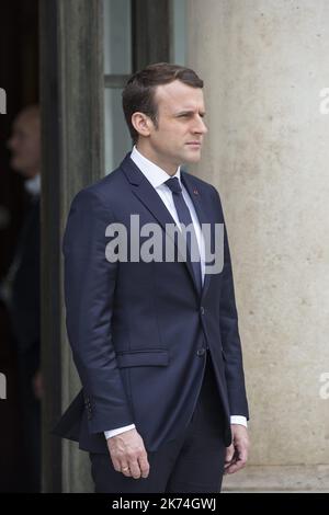 ©Leon Tanguy/MAXPPP - French President Emmanuel Macron waits for Indian Prime Minister Narendra Modi prior to a working lunch at the Elysee Presidential Palace on June 06, 2017, in Paris France. Stock Photo