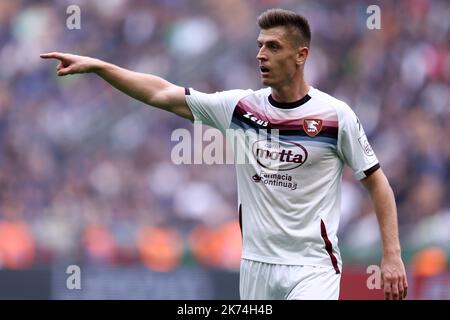 Krzysztof Piatek of Us Salernitana gestures during the Serie A football match beetween Fc Internazionale and Us Salernitana at Stadio Giuseppe Meazza on October 16, 2022 in Milan Italy . Stock Photo