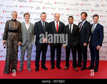 Prince Albert II of Monaco (centre) with Malin Akerman, Lucas Till, Robert Patrick, Wilmer Valderrama arriving for the 2017 Monte-Carlo Television Festival held at the Grimaldi Forum, Monte-Carlo, Monaco on June 16th 2017 Stock Photo