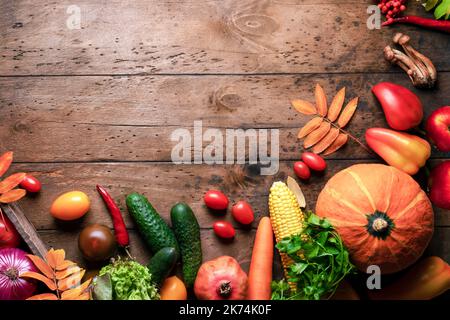 Autumn harvest fruits and vegetables. Concept frame copyspace for advertising and ads, healthy food. Stock Photo