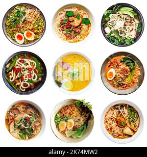 Collection of Asian noodle ramen bowls, top view japanese food isolated Stock Photo