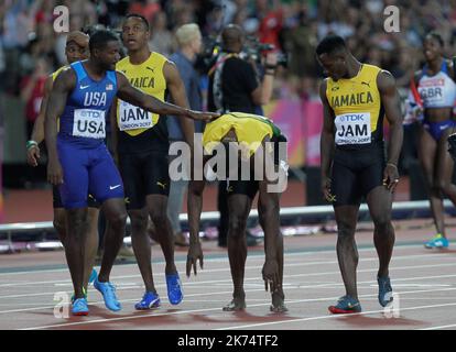 JUSTIN GATLIN ,  YOHAN BLAKE , USAIN BOLT , JULIAN FORTE during day nine of the 2017 IAAF World Championships in London.  Stock Photo
