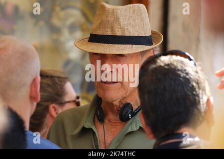 Venice, on August 17, 2017. Clint Eastwood is seen directing the movie: 'The 15:17 to Paris' A movie about the true story of the terrorist attack at a Thalys train from Amsterdam to Paris in August 2015 with US' heroes Anthony Sadler and Spencer Stone  Stock Photo