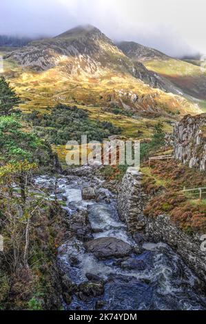 Mountain Landscape, Snowdonia, Wales, near Y Garn, with waterfall in foreground Stock Photo