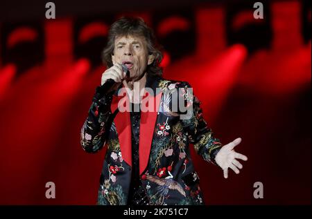 Mick Jagger of The Rolling Stones performs in concert at the new U Arena near Paris on October 19, 2017.  The concert was the inaugural event at the modern stadium, which, at a capacity of 40,000, is the largest arena in Europe. Stock Photo