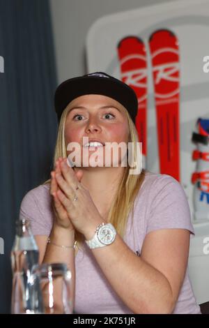 Tessa Worley attends a press conference 2 days before the Opening of the Alpine Ski World Cup in Solden on October 26, 2017 Stock Photo