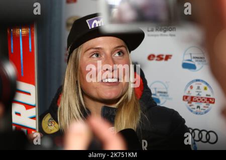 Tessa Worley attends a press conference 2 days before the Opening of the Alpine Ski World Cup in Solden on October 26, 2017 Stock Photo