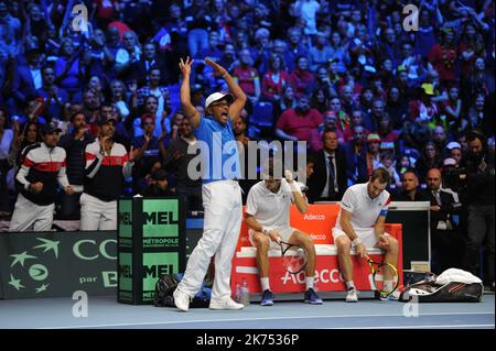 French captain Yannick Noah is in action during the Davis Cup Final on Nov 25, 2017 in Lille, France.  Stock Photo