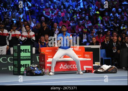 French captain Yannick Noah is in action during the Davis Cup Final on Nov 25, 2017 in Lille, France.  Stock Photo
