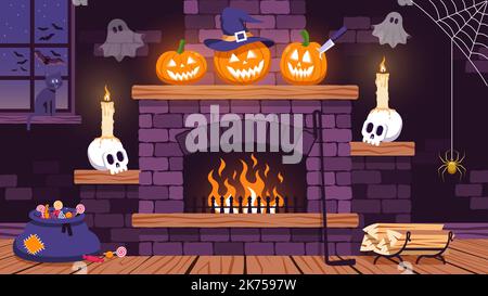 Halloween room with fireplace, pumpkins and skulls Stock Vector