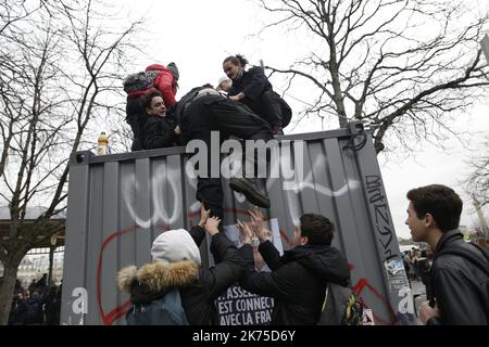 Several hundred young students gathered at the Place de la Nation in Paris to demonstrate against the government's policy, particularly about university selection. The demonstration broke up shortly after an hour after several clashes erupted between the protesters and the police. Near the Charonne metro, several arrests took place and at least one person was injured by the police. Stock Photo