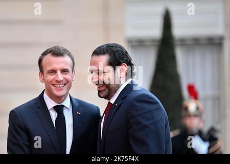 On the occasion of the arrival of the Prince, Mohamed Ben Salman at the Elysee Palace, the President of the Republic, Emmanuel Macron received at the last minute, the President of the Council of Ministers of Lebanon, Saad Hariri. Stock Photo