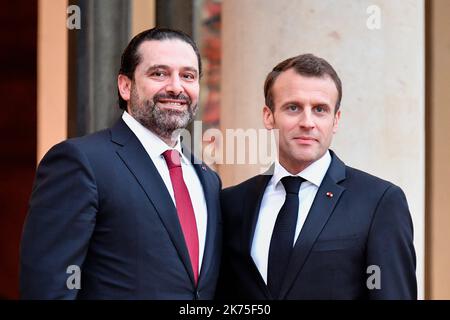On the occasion of the arrival of the Prince, Mohamed Ben Salman at the Elysee Palace, the President of the Republic, Emmanuel Macron received at the last minute, the President of the Council of Ministers of Lebanon, Saad Hariri. Stock Photo