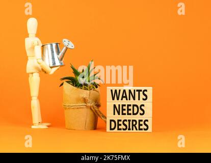 Wants needs and desires symbol. Concept words Wants Needs Desires on wooden blocks. Businessman model. Beautiful orange background. Business, psycholo Stock Photo