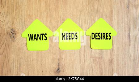 Wants needs and desires symbol. Concept words Wants Needs Desires on paper house. Beautiful wooden background. Business, psychological and wants needs Stock Photo