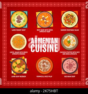 Armenian cuisine restaurant menu. Lamb yogurt and Bozbash soup, stuffed chicken, red bean soup and vermicelli rice Pilaf, garden vegetable and lentil salad Mshosh with dried apricots, beef soup Yajni Stock Vector