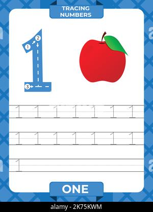 Number 1 trace, Worksheet for learning numbers, kids learning material, kids activity page. Stock Vector