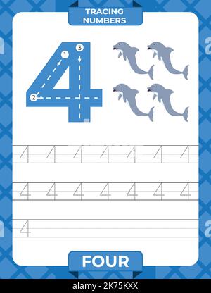Number 4 trace, Worksheet for learning numbers, kids learning material, kids activity page. Stock Vector