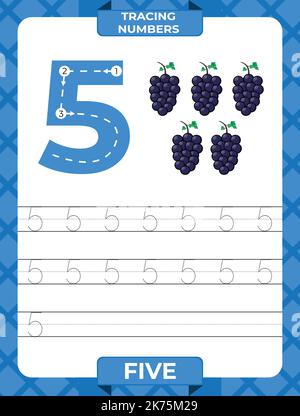 Number 5 trace, Worksheet for learning numbers, kids learning material, kids activity page. Stock Vector