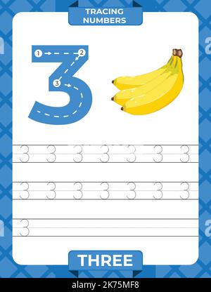 Number 3 trace, Worksheet for learning numbers, kids learning material, kids activity page. Stock Vector