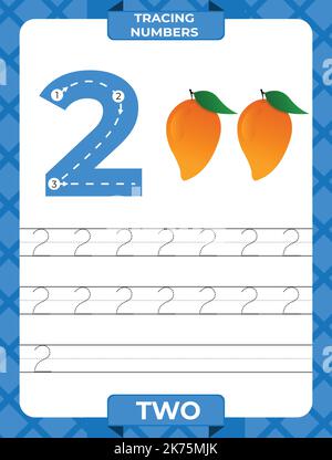 Number 2 trace, Worksheet for learning numbers, kids learning material, kids activity page. Stock Vector