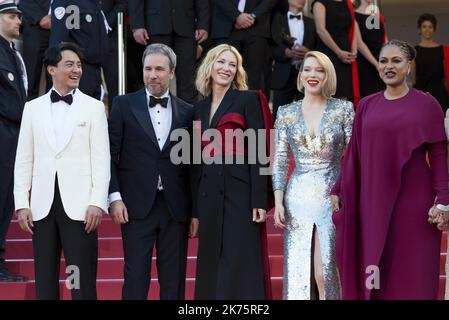 (From L) Taiwanese actor and member of the Feature Film Jury Chang Chen, Canadian director and member of the Feature Film Jury Denis Villeneuve, Australian actress and President of the Jury Cate Blanchett, French actress and member of the Feature Film Jury Lea Seydoux, US director and screenwriter and member of the Feature Film Jury Ava DuVernay pose as they arrive on May 19, 2018 for the closing ceremony and the screening of the film 'The Man Who Killed Don Quixote' at the 71st edition of the Cannes Film Festival in Cannes, southern France. Stock Photo