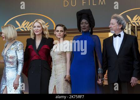 (From L) French actress and member of the Feature Film Jury Lea Seydoux, Australian actress and President of the Jury Cate Blanchett, US actress and member of the Feature Film Jury Kristen Stewart and Burundian singer, member of the Feature Film Jury Khadja Nin and French director and member of the Feature Film Jury Robert Guediguian pose as they arrive on May 19, 2018 for the closing ceremony and the screening of the film 'The Man Who Killed Don Quixote' at the 71st edition of the Cannes Film Festival in Cannes, southern France. Stock Photo