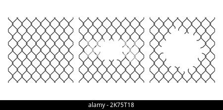 Rabitz chain link pattern background. Whole and ripped fence mesh. Metal mesh realistic texture or steel braided grate 3d vector background. Metallic chain link pattern with hole, gap or breach Stock Vector