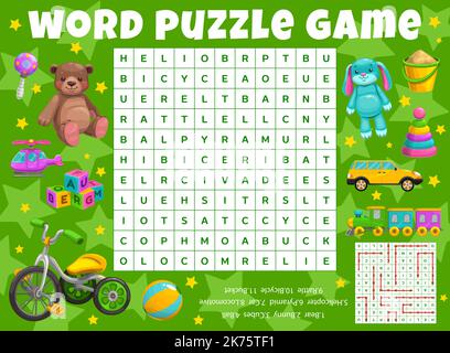 Cartoon kids toys. Word search puzzle game worksheet. Kids quiz grid, text puzzle or child logical game, riddle vector page with child rattle toy, bear and bunny, bicycle, car and train, bucket, ball Stock Vector